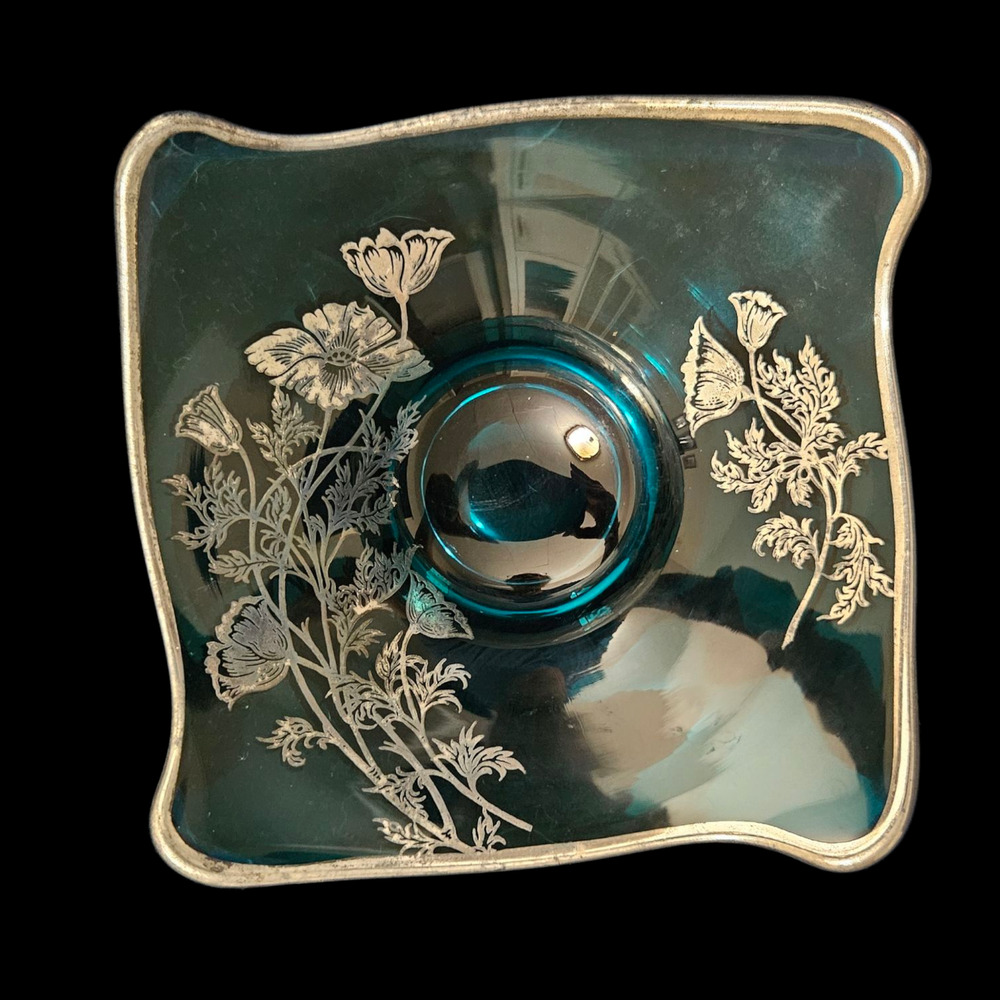 Vintage Teal Blue Glass Square Bowl Silver Floral Overlay Mid Century Art Glass